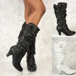 Women's Mid-Calf Boot with Belt And Cup Heel Large Size 40-43 Fashionable Winter Boots round Toe Rubber Outsole Pure Color