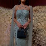 Luxury Mermaid Cape Sleeves Evening Dress Elegant Blue Beaded Crystal Tulle Prom Gowns Floor Length Party vestido For Women