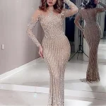 Women Spring Summer Dress Solid Color Long Sleeve Sequins O Neck Casual Fashion Sexy Elegant Comfortable Regular Standard Dress