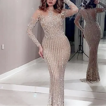 Women Spring Summer Dress Solid Color Long Sleeve Sequins O Neck Casual Fashion Sexy Elegant Comfortable Regular Standard Dress