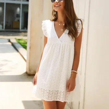 2025 Summer Hot SaleOriginal Design Fashionable Women's Short Cotton Skirt Pure Color Dress V-Neck Elegant Simple Chinese Style