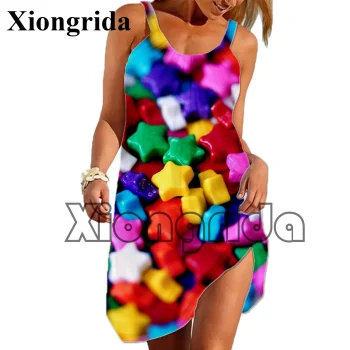 Fashion New Dress Women Sexy 3D Candy Digital Printing Strap Dress Sleeveless Mini A Line Dress Hawaii Tank Dress Beach Wear