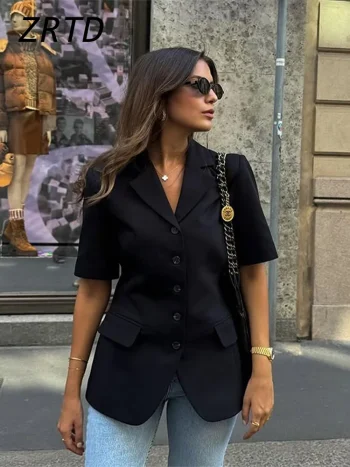 Elegant Women's Solid Blazers Slim Lapel Single Breasted Short Sleeve Female Jacket 2025 Spring Summer Lady Office Outwears