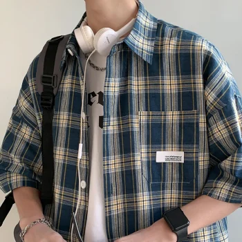 Korean Y2k Streetwear Plaid Shirt Men Shirts 2024 New Summer Fashion Chemise Homme Mens Checkered Shirts Short Sleeve Men Blouse