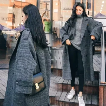 ​​Fashion Casual Women's Long Minimalist Lapel Trench Coat - Grey Plaided Wool Blend Double-Breasted Overcoat for Daily Commute