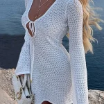 New Fashion Women Beach Cover Up Solid Color Tie-Up Front Hollow Out Summer Swimsuit Coverup Bathing Suit Cover Ups Dresses